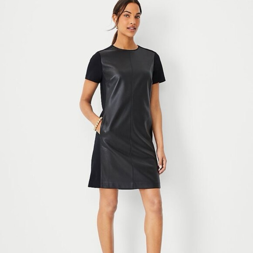 NWT Ann Taylor Black Faux Leather Mixed Media Dress